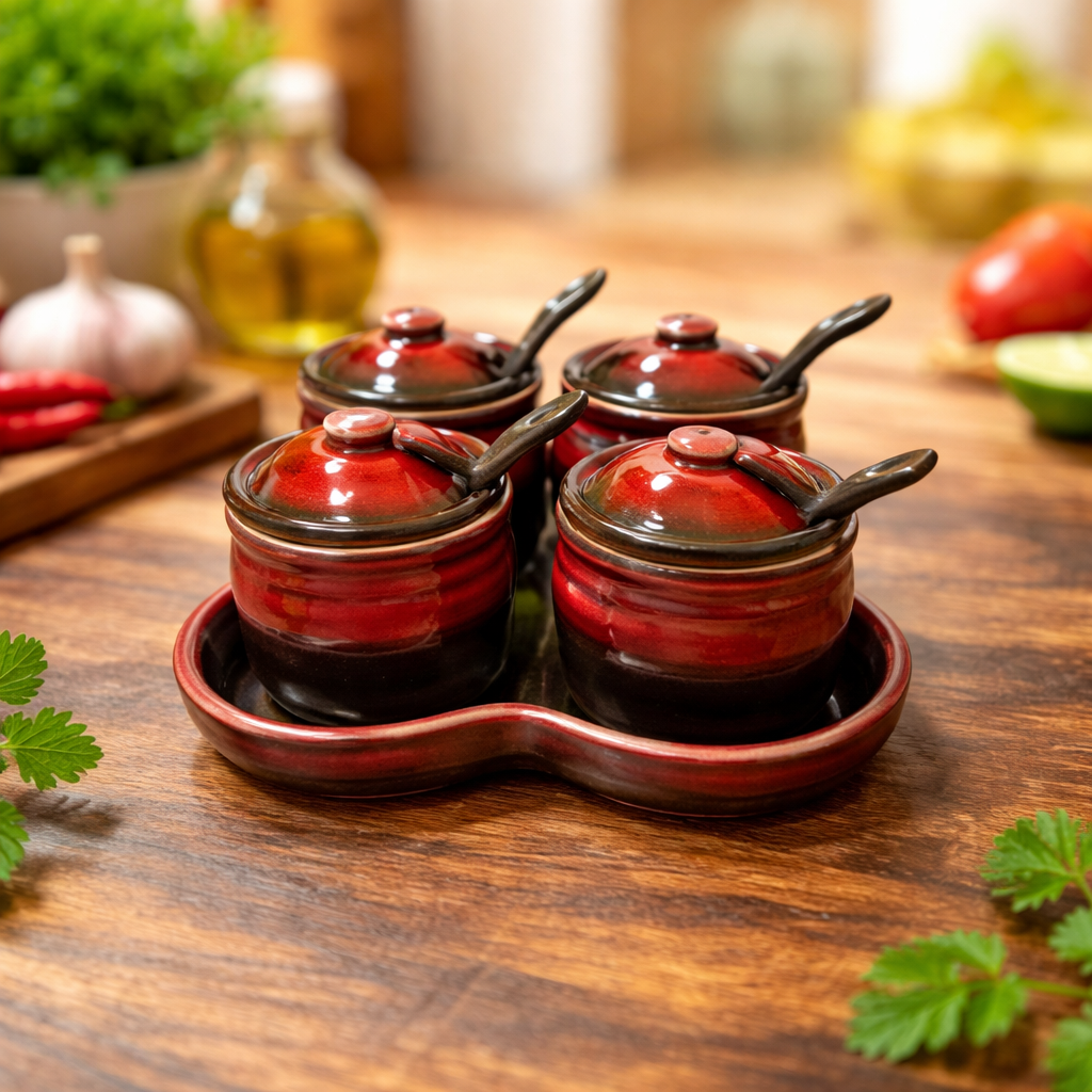 red ceramic spice jar set of 4 with tray for kitchen storage spices and condiments with durable glazed finish